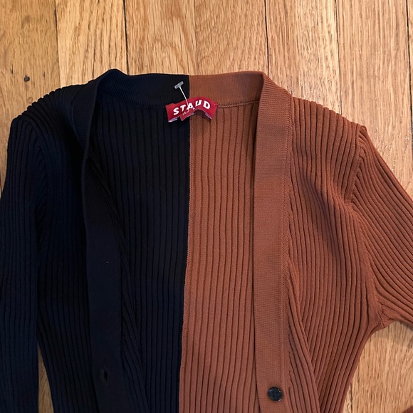 Staud Shoko Colorblocked Midi-Dress XS in tan and black - Picture 2 of 6